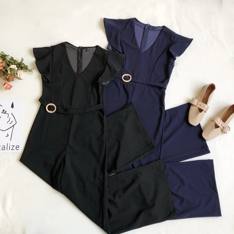 Spring Summer 2020 Korean New Fashion Retro Temperament V-neck High Waist Wide Leg One-piece Women Rompers Womens Jumpsuit | Женская
