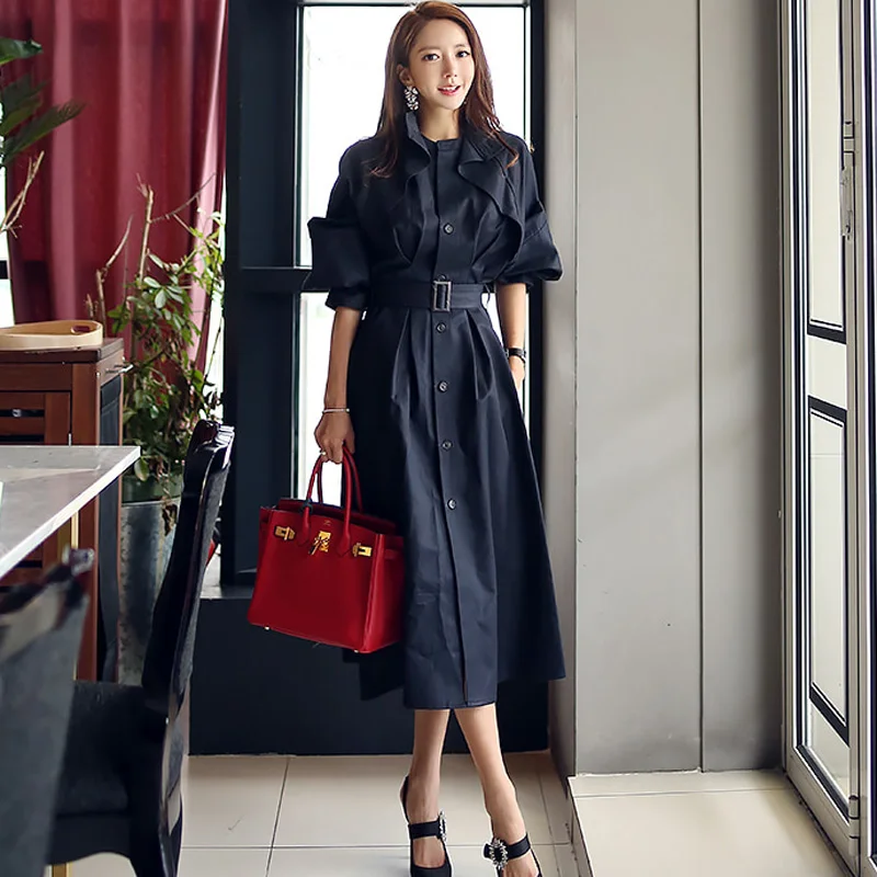 

Fashion Runway Women Trench Coat Korean Autumn Winter Ruffles Single Breasted Long Outerwear Vintage Slim Belt Skirt Windbreaker