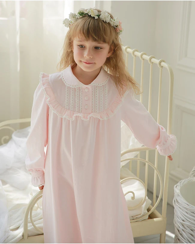 elegant pajama sets Children Girl's Lolita Pink Pajama Sets.Turndown Collar Tops+Pants.Vintage Toddler Kids Pyjamas set.Royal Style Sleep Loungewear best nightgowns