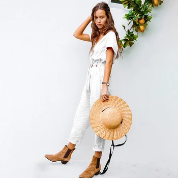 

Jastie Vintage Casual Women Bodysuit Spring 2020 Sash Belt Button Single Breasted V Neck Rompers Retro Beach Vacation Bodysuits