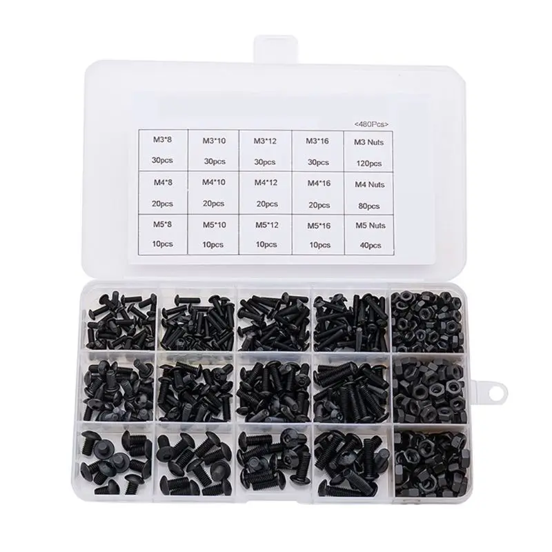 

480Pcs M2 M2.5 M3 Alloy Steel Black Hexagon Socket Button Head Screw Furniture G99A