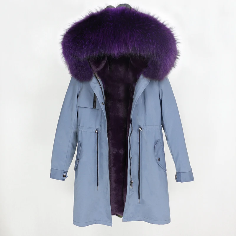 grey purple OFTBUY Для женщин Длинная парка натуральный мех пальто зимняя куртка Для женщин из натурального меха енота, меховой капюшон, воротник толстые теплые Изящная верхняя одежда Новинка - Цвет: grey purple