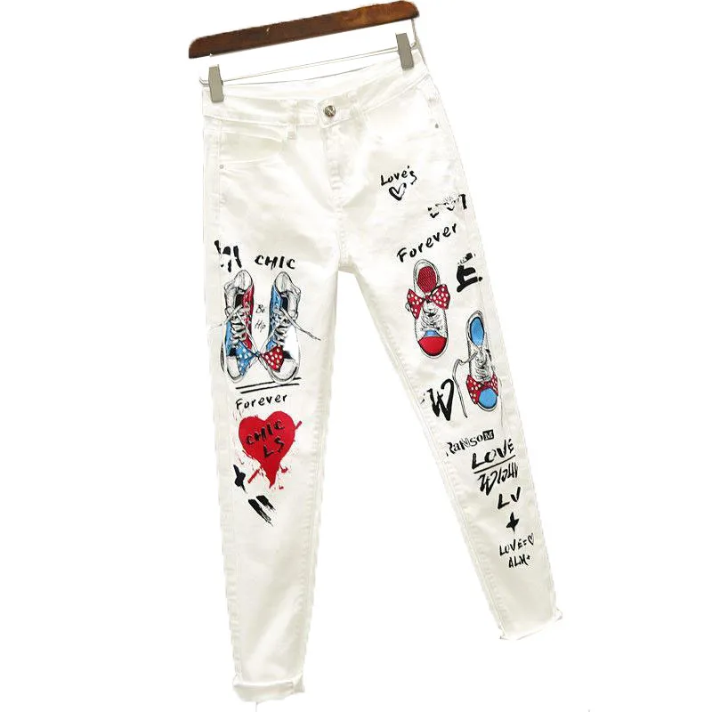 

White Jeans Women New Painted Printed Pants Nine-Point Stretch Jeans For Girls Wide Leg Pants Fashion High Waist Trousers Female
