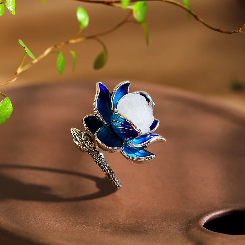 

Ethnic Style S925 Sterling Silver Jewelry Set Women's Blue Enamel Lotus Nephrite Ring Necklace Bracelet Jewelry Set Gift
