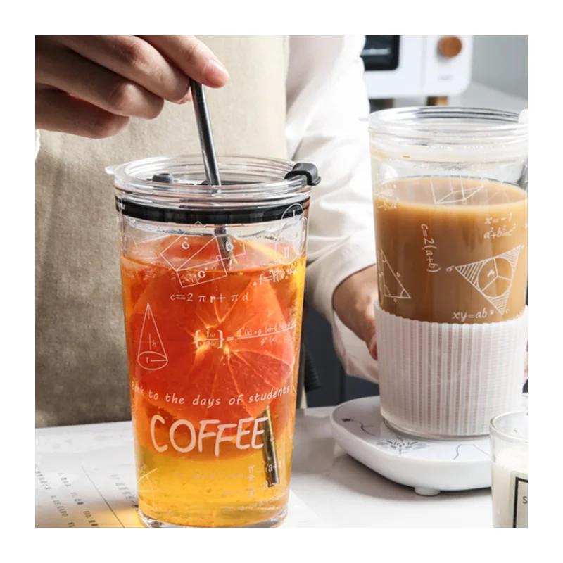 

Heat Resistant Glass Cups Large Simple Creative Oversized Math Cold Drink Cup with Lids and Straws Breakfast Mug Tasse 550ml C