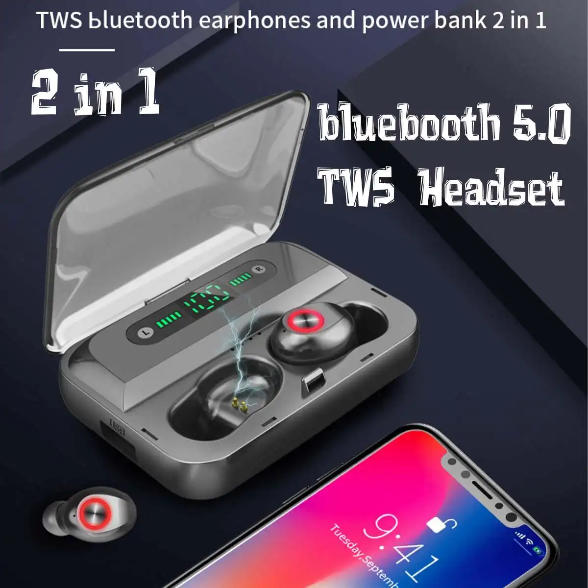 LEORY TWS bluetooth 5,0 цифровой дисплей гарнитура бинауральные звонки спортивные HiFi водонепроницаемые наушники с 2200 мАч зарядная коробка