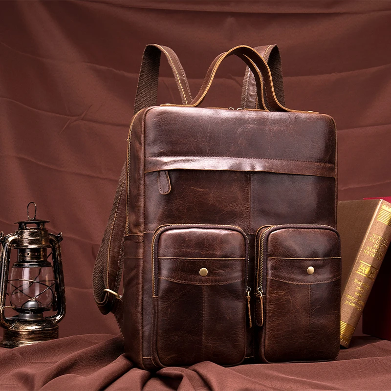

Men's Vintage Genuine leather Men Backpack Male Multifunction 14" Laptop Real Leather School Bag Casual Travel Bag for Man 8207