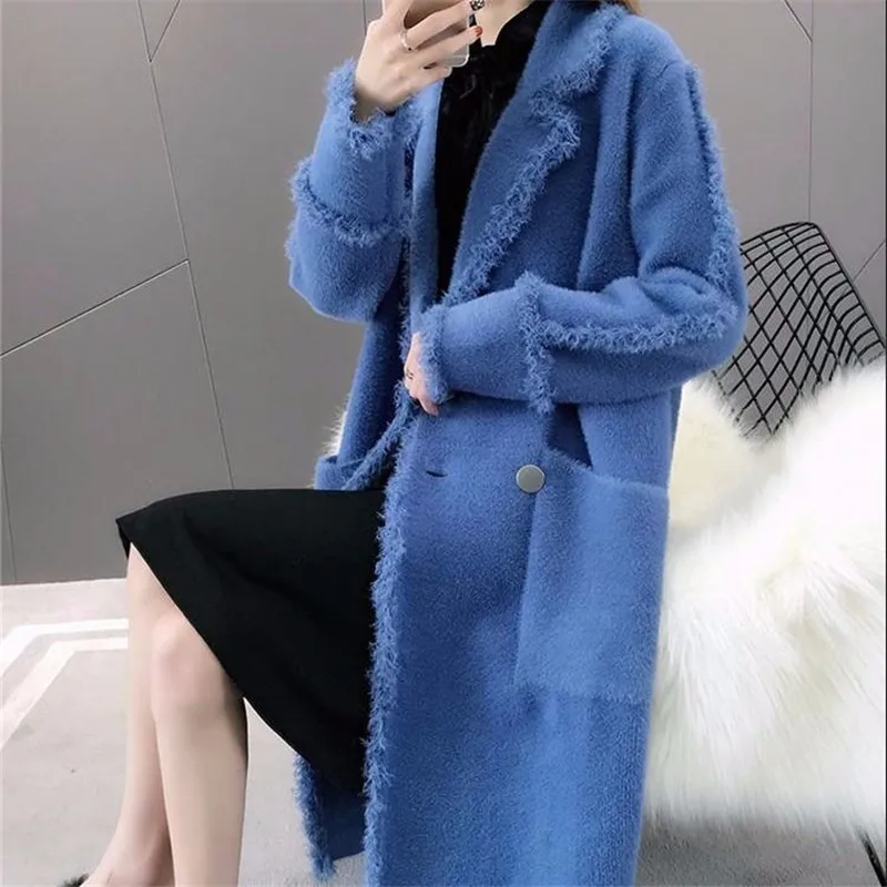 spring and autumn imitation water velvet thick woolen coat female long section new loose over the knee coat