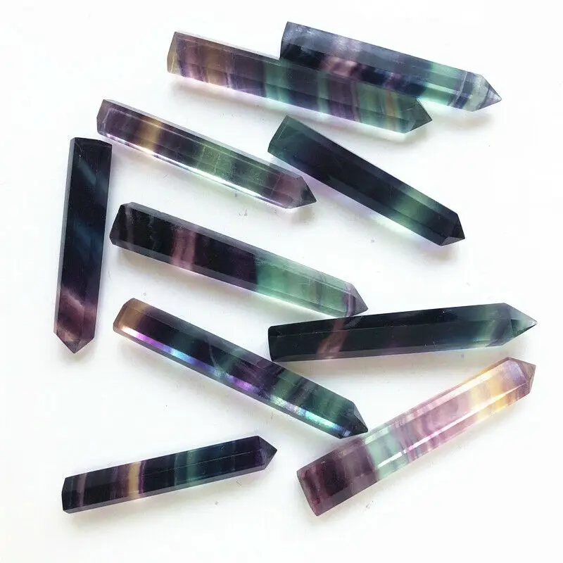 60-80mm Natural Rainbow Fluorite Quartz Crystal Point Healing Hexagonal Wand Natural Stones and Minerals