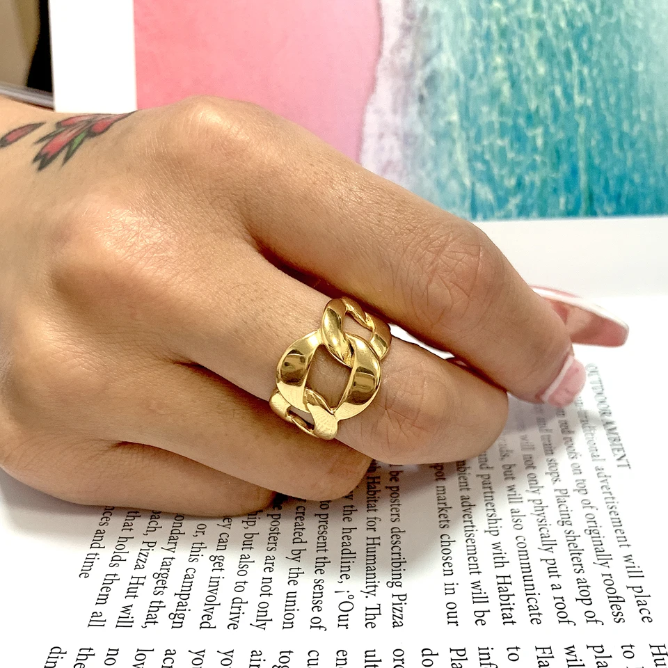 New 18 K Stainless Steel Chubby Rings For Women Simplicity Water Drop Gold Color Chain Ring Wedding Party Rings Jewelry Gift