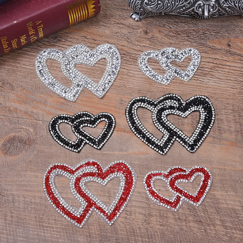 

10Pcs Double Love Heart Melt Drilling Rhinestone Clothes Patches Stickers Iron On DIY Transfert Patch for T-shirt Clothing Decor