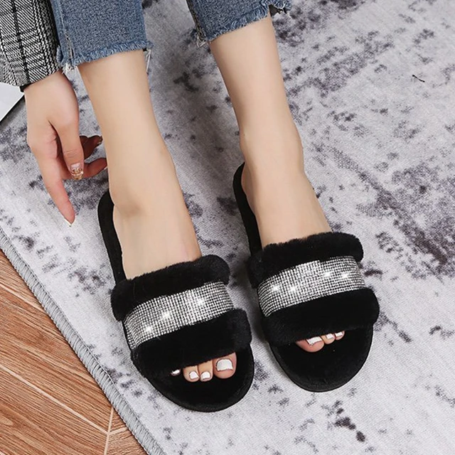 Winter Women House Slippers Faux Fur Fashion Warm Shoes Woman Slip on Flats Female Slides Black Pink cozy home  furry slippers Rhinestone Black