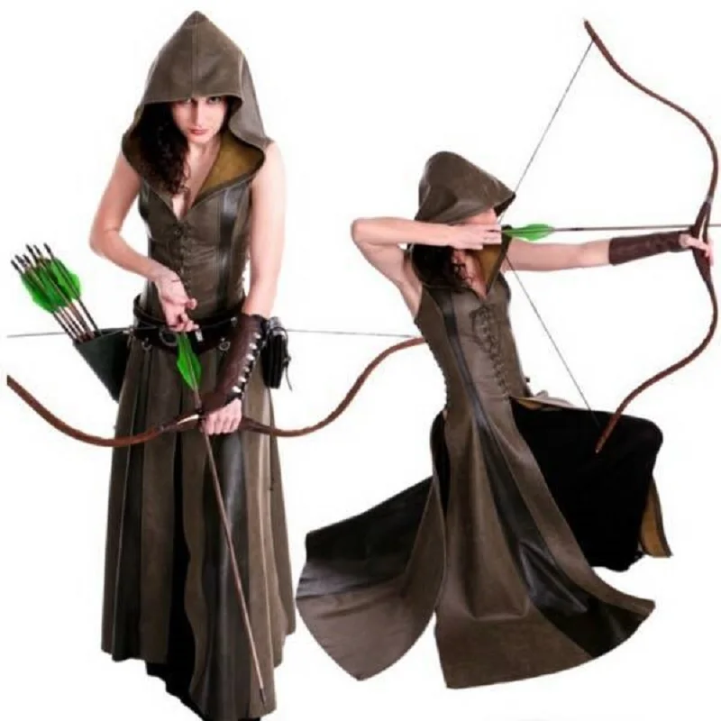 

Medieval Gothic Ranger Cosplay Costume Women Larp Archer Maxi Steampunk Dress Hooded Cloak Lace-Up Leather Gown Long Robe