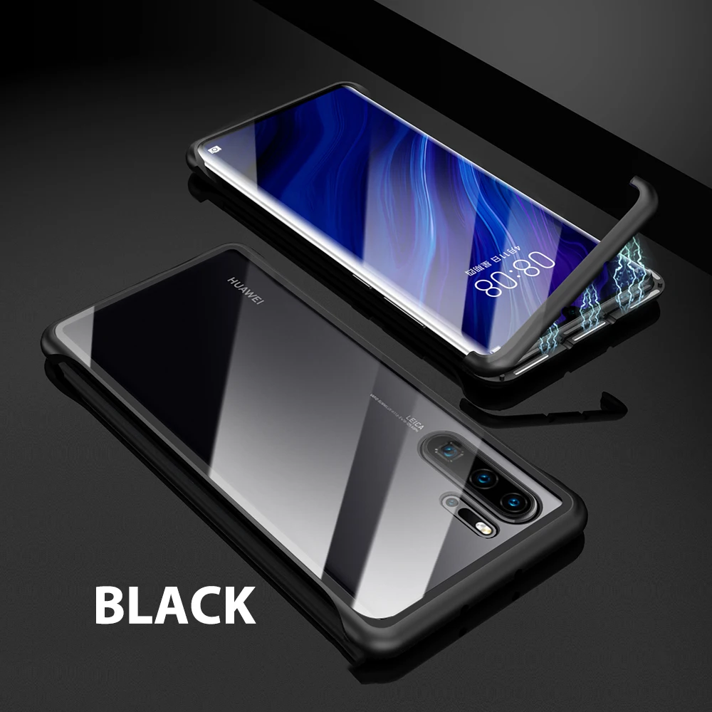 Бронированный металлический магнитный чехол для huawei P30 Pro P30 чехол металлический жесткий стеклянный противоударный чехол для huawei mate 30 30 Pro Чехол для телефона - Цвет: Black