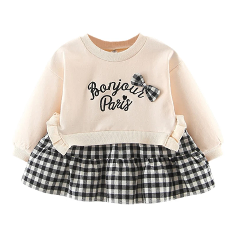 

New Autumn Baby Girl Dress 0-3T Cute Toddler Letter Embroidery Plaid Pattern Girls Dresses Fashion Cute Bow Decoration Dresses