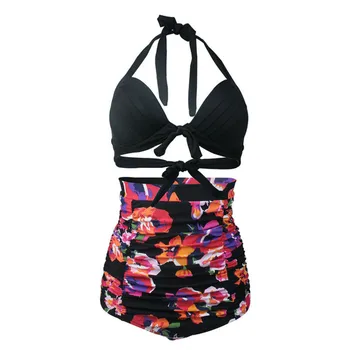 

JLI MAY Retro Floral Print Black Bikini Sets Women Sexy Slim Bowknot Halter Swimwear High Waist Wire Free Push Up Beachwear