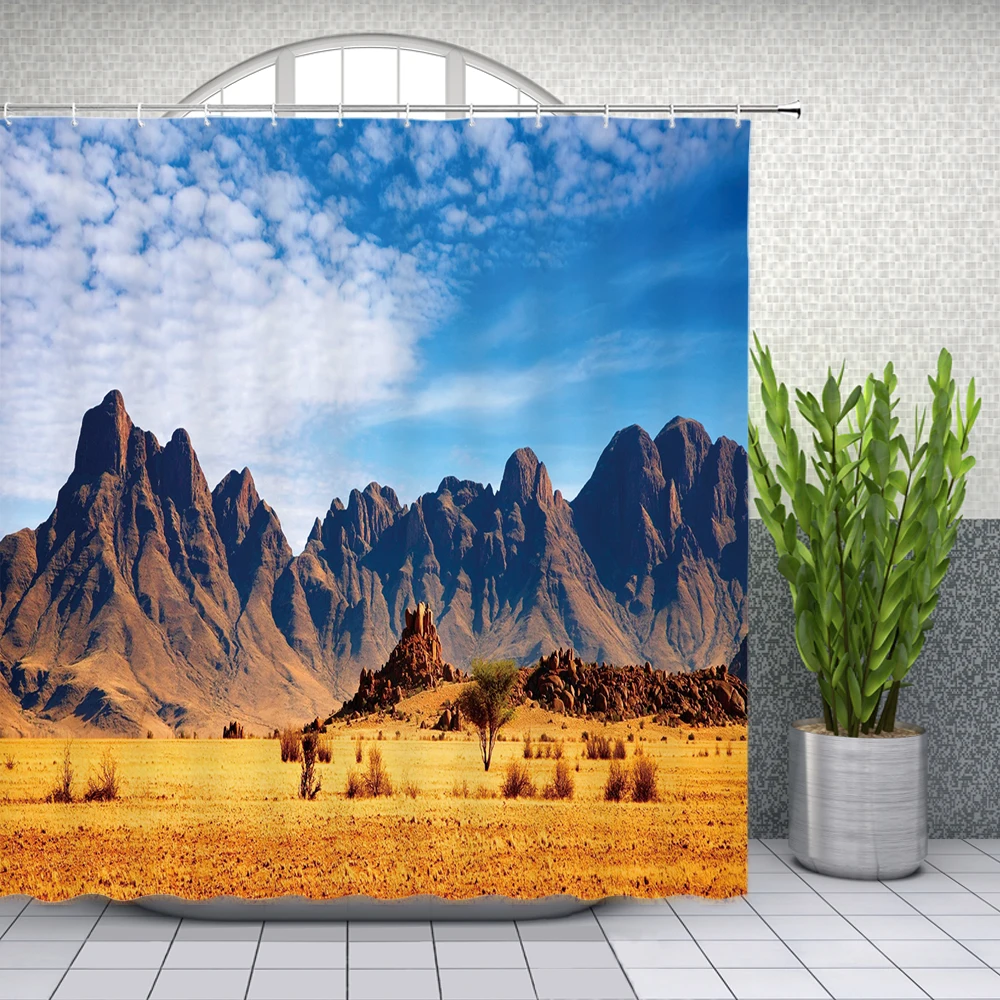 

Natural Scenery Shower Curtains Waterfall Snow Mountain Lake Desert Gobi Landscape Bathroom Decor Waterproof Cloth Curtain Set