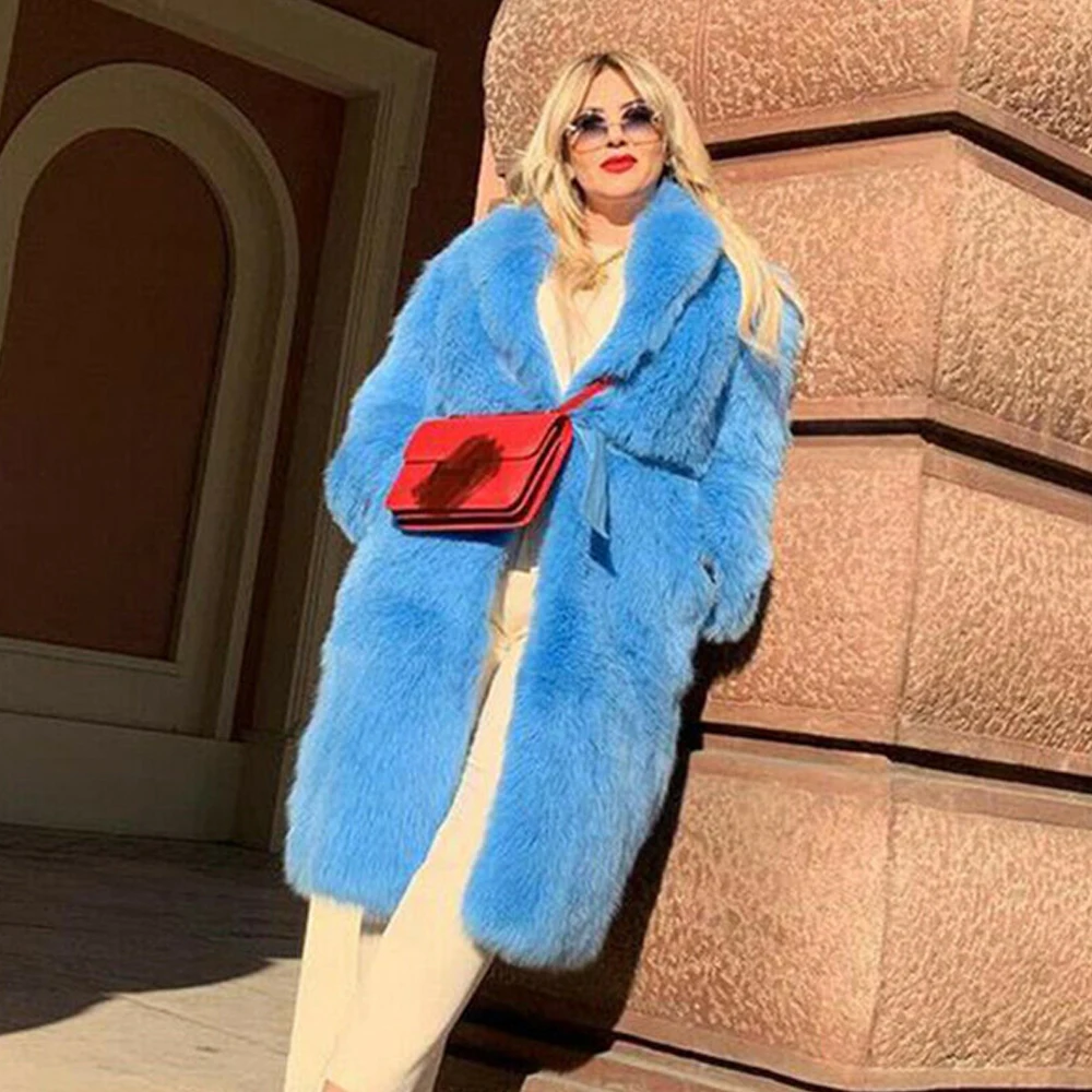 Fashion Blue Color Genuine Fox Fur Coat With Turn-down Collar Winter New Women's Real Fox Fur Coats Natural Fur Overcoats 2022