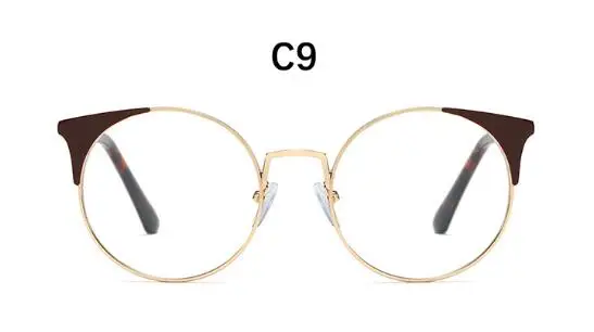 C9 brown clear Прозрачные металлические круглые очки, оправа, милый красный кошачий глаз, оправа для очков, очки для близорукости, Женские оправы для очков, прозрачные линзы - Цвет оправы: C9 brown clear