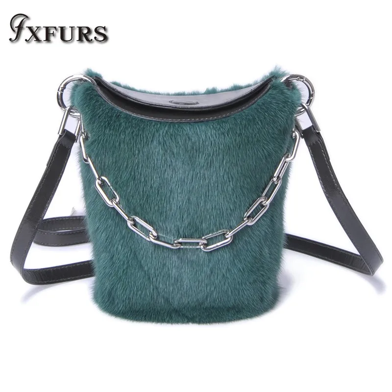 

2019 New High-end Imported Whole Mink Fur HandBags Cover Bucket Single Shoulder Slung Female Fashion Backpack Bags Fur Winter