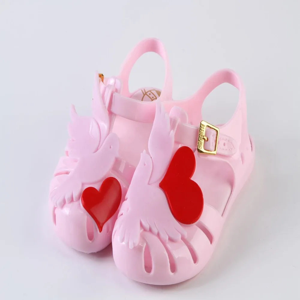 Ins/детская обувь для девочек; мини Melissa Roma Sandal; принт с птицей мира и сердцем; Весенняя прозрачная обувь; обувь на День Святого Валентина; MN007