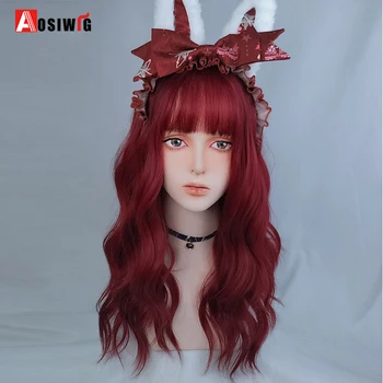 

AOSI Long Wavy Hair Christmas Cosplay Lolita Female Wig Red Black Anime Synthetic Wigs with Bangs for Black White Women Girl
