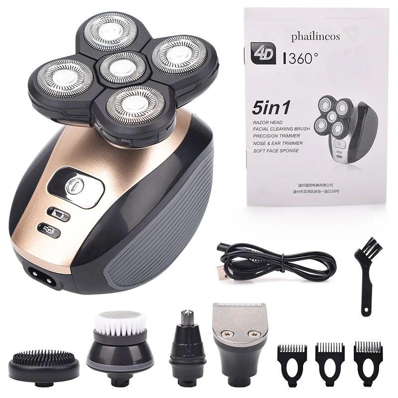 Afeitadora eléctrica recargable para hombre, cortador de pelo para orejas, nariz y barba, cepillo facial con 5 cabezales para una cabeza rapada, flotantes, 5 en 1, 4D