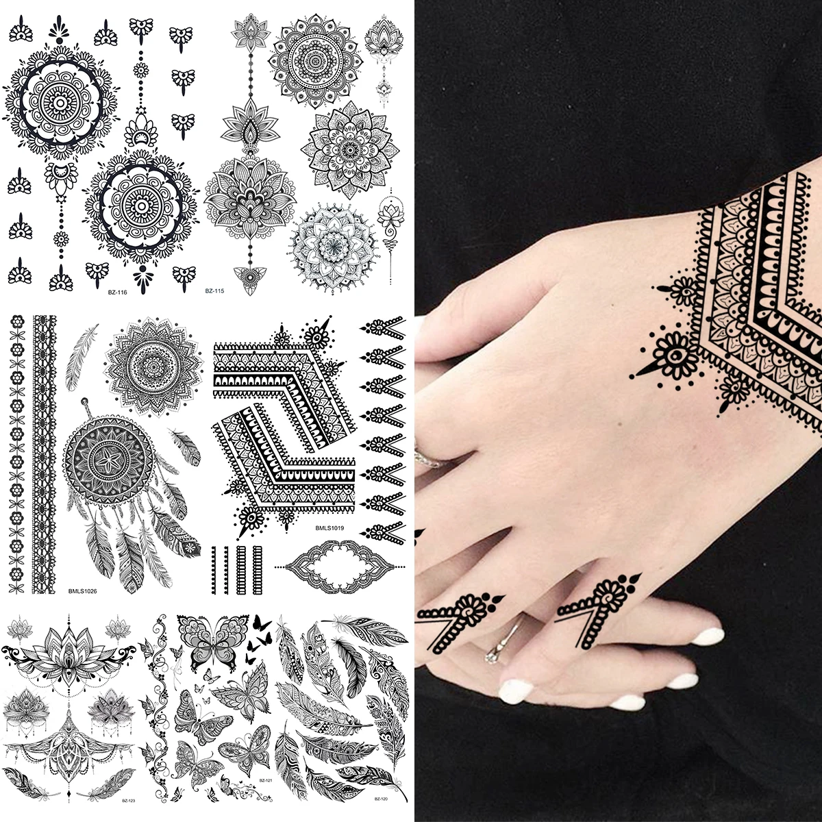 

Black Lace Henna Temporary Tattoos For Women Adults Realistic Henna Feather Tribal Fake Tattoo Sticker Finger Arm Tatoos 3D