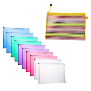 

Zip Up Nylon Mesh Multicolor Stripes A4 Paper Pen File Bag with 10 Packs Plastic Zip Envelopes Letter Size Holder File