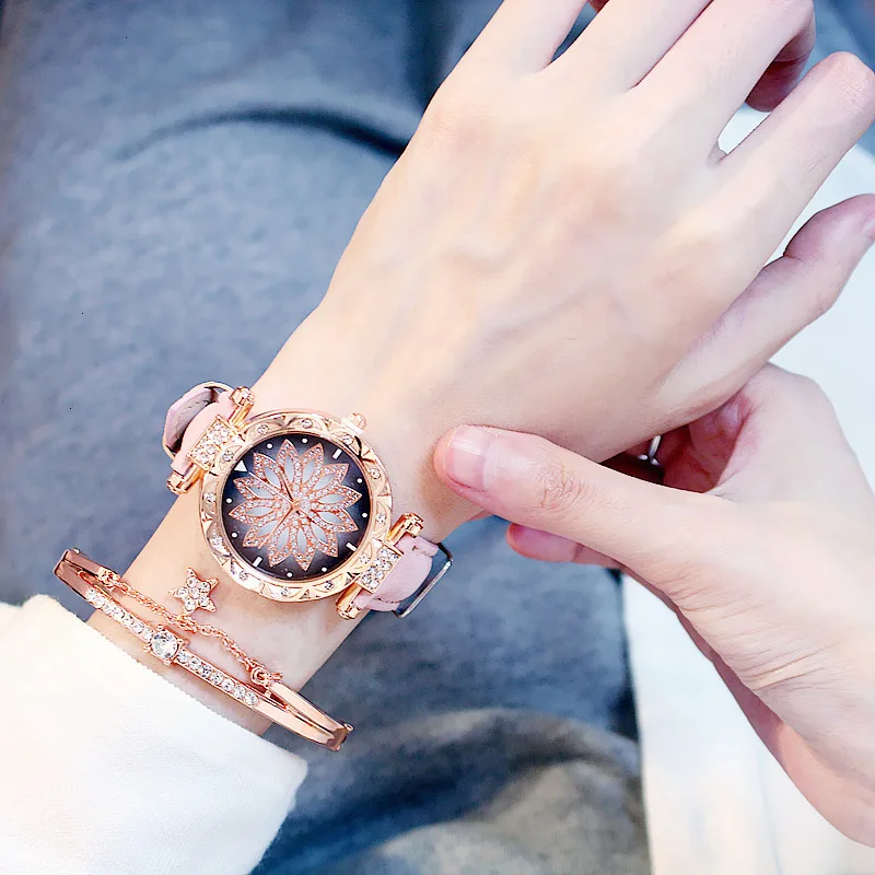 Лидер продаж, женские часы-браслет, набор, женские часы с цветами, повседневные кожаные кварцевые наручные часы, подарок, часы, Relogio Feminino
