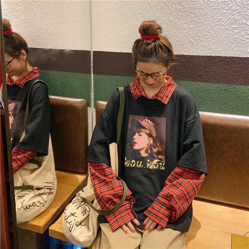 Толстовки женские в стиле пэчворк в Корейском стиле Harajuku с отложным воротником в стиле хип-хоп Студенческая модная Женская одежда оверсайз пуловер для отдыха