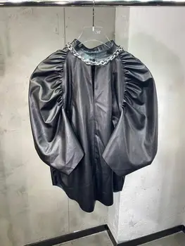 

2020 Autumn Fashion Women Chains PU Leather Coat Tops For Female Blouse Ddxgz3