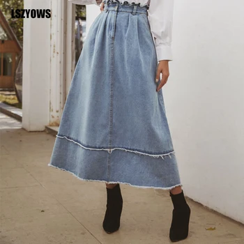 

Women Casual Long Denim Skirt 2020 Vintage Ruffles High Wasit Jeans Skirts Elegant A Line Tassels Maxi Skirts Jupe Longue Femme