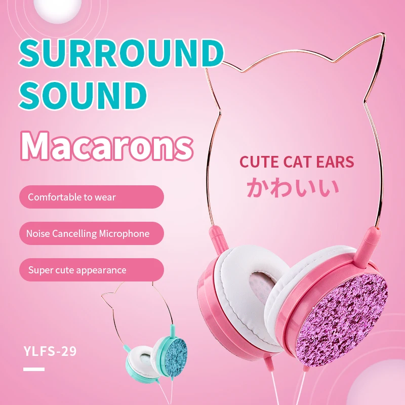 CUCA Wired Gaming Headset With Microphone over the Ear Studio Headphones Gamer Cute Cat Ear Wire Earphone 3 5mm Plug Women Gift