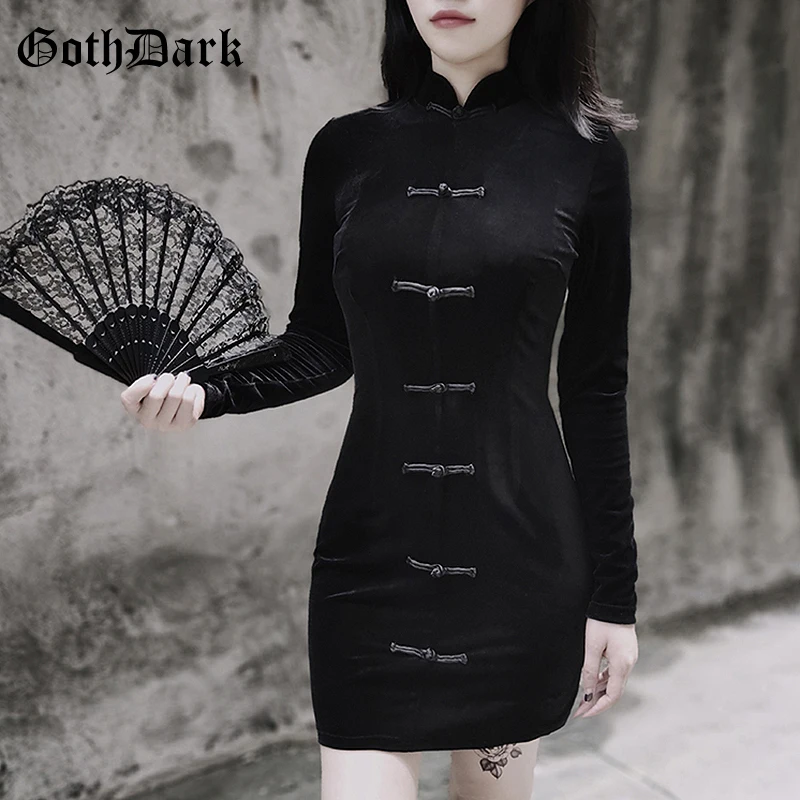 

Goth Dark Vintage Aesthetic Gothic Dresses Long Sleeve Harajuku Autumn 2019 Button Zipper Elegant Female Mini Party Dress CHic