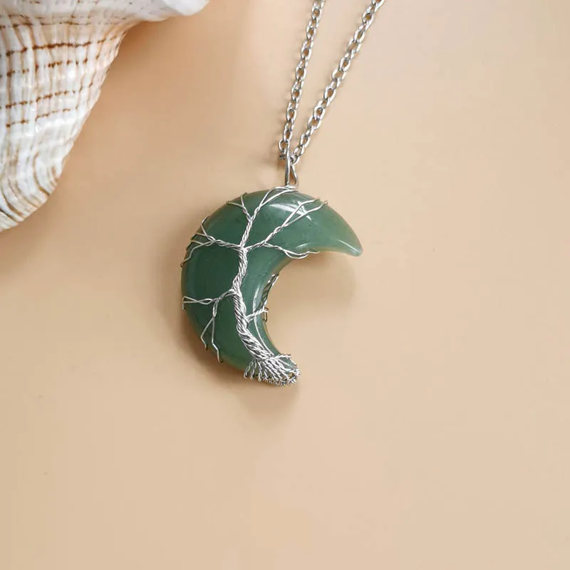 Life Tree Crescent Moon Shape Pendant Silvertone Wire Wrap Natural Gemstones Healing Crystal Women Necklace