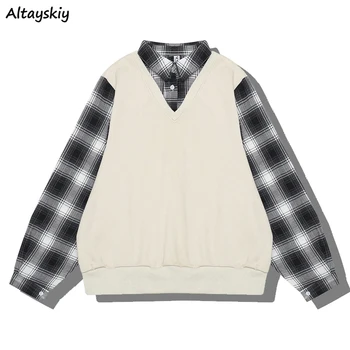 

Hoodies Womens Patchwork Korean Style Plaid Loose Kpop Student Women Hoodie Novelty Harajuku Sweatshirt Casual Females Pullovers