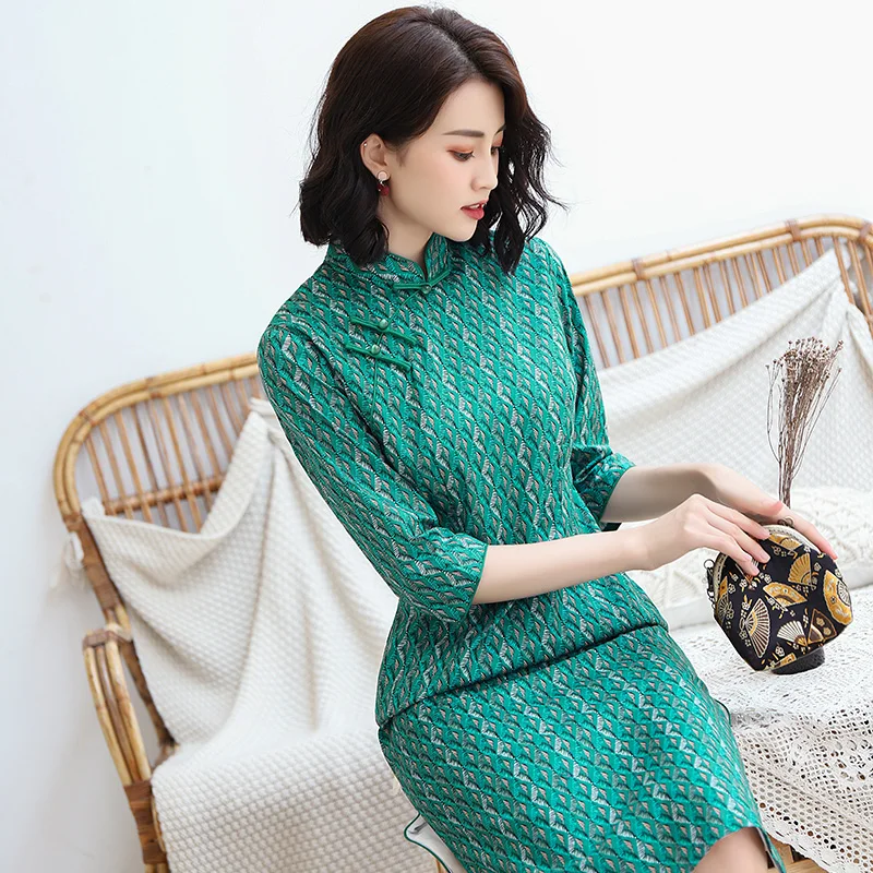 Зеленое женское хлопковое платье Cheongsam, весеннее китайское стильное платье до колена с воротником-стойкой, женское платье Qipao, тонкое вечернее платье Vestido