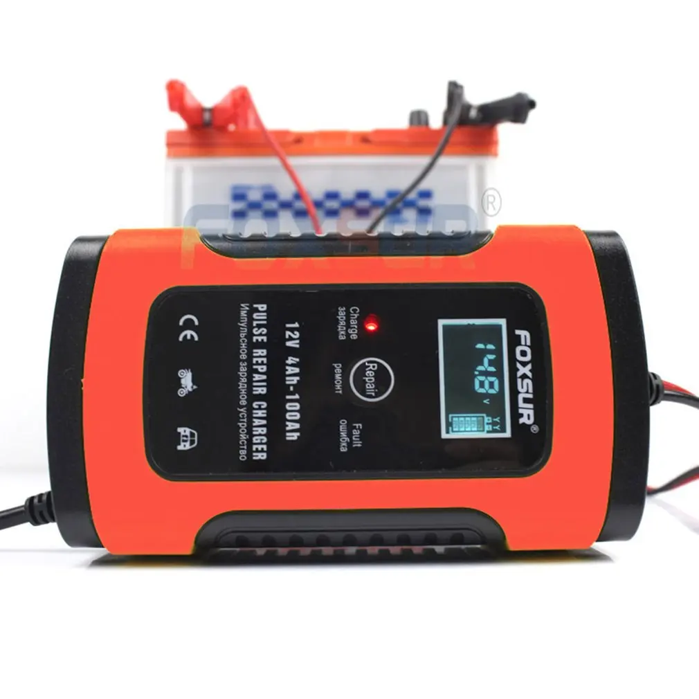 

FOXSUR 12V Motorcycle Car Intelligent Battery Charger LCD Display EFB AGM GEL Pulse Repair Battery Charger