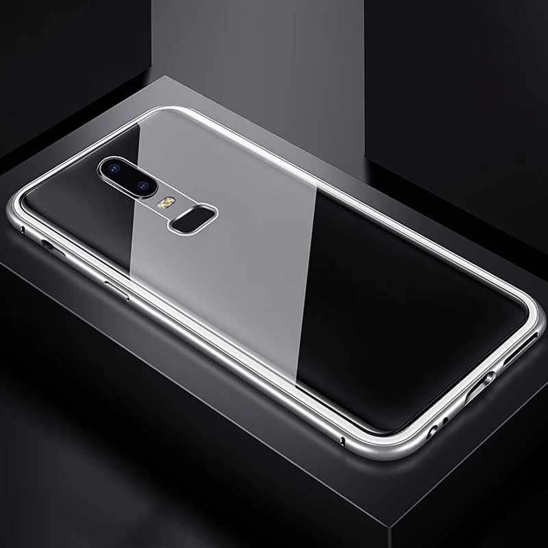 Магнитный адсорбционный металлический чехол для Oneplus 7 Pro 6T 6 5T чехол для телефона задняя крышка из закаленного стекла защитный чехол Fundas - Цвет: Clear With Silver