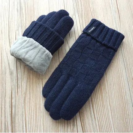 Dark blue Модные мужские шерстяные перчатки, вязаные двойные толстые бархатные теплые мужские перчатки с сенсорным экраном, зимние теплые варежки для вождения - Цвет: Dark blue