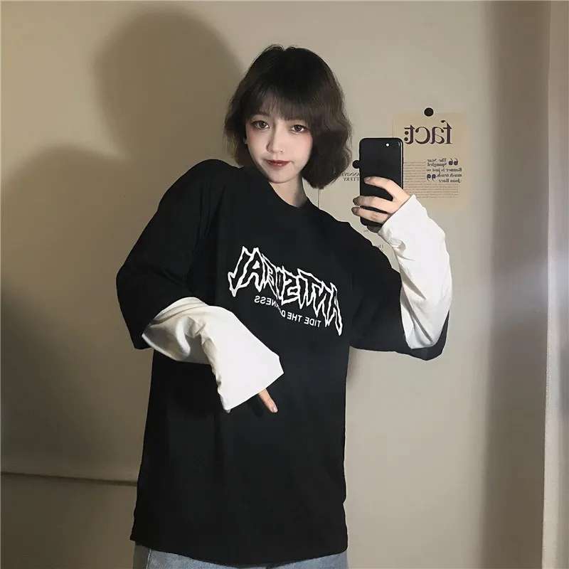 Имитация двух свитеров с длинными рукавами для женщин ins Harajuku уличная одежда BF свободная Осенняя Женская винтажная модная толстовка с буквами