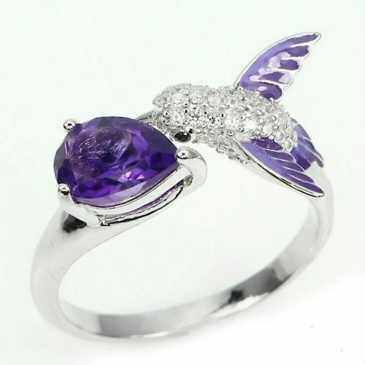 

Amethyst Hummingbird Animal Wedding Jewelry Engagement Open Size Ring