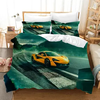 

Green 220×240 Duvet Cover Set With Pillowcase,210×210 Quilt Cover,3D Printing Yellow Sports Car Pattern Blanket Cover King Size