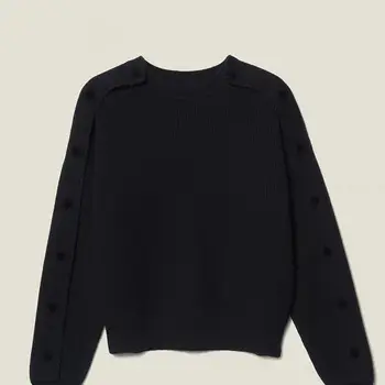 

Autumn winter Patchwork Dark Blue Knitted sweater long sleeve Pullover loose ladies knitwear pullover top with buttons