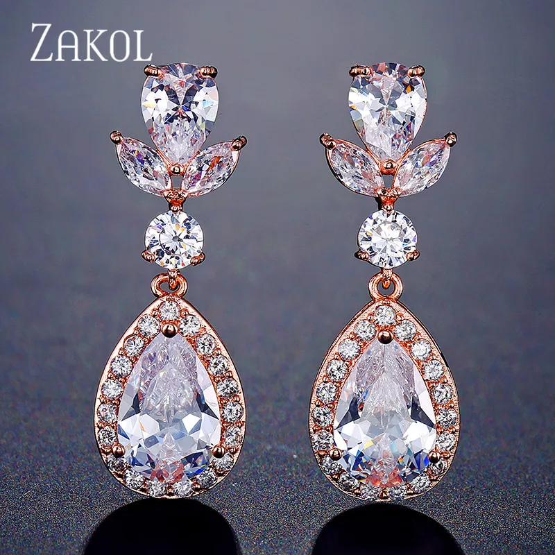 Rose Gold Color Модные висячие серьги из циркония, женские вечерние серьги, модные серьги из гипоаллергенного сплава, ювелирные аксессуары,, FSEP2242 - Окраска металла: Rose Gold Color
