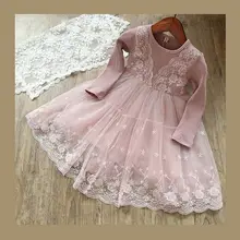 Коллекция года, весеннее платье для девочек платье принцессы с кружевным плетением и цветами вечерние платья-пачки из тюля с длинными рукавами для маленьких девочек, От 1 до 5 лет