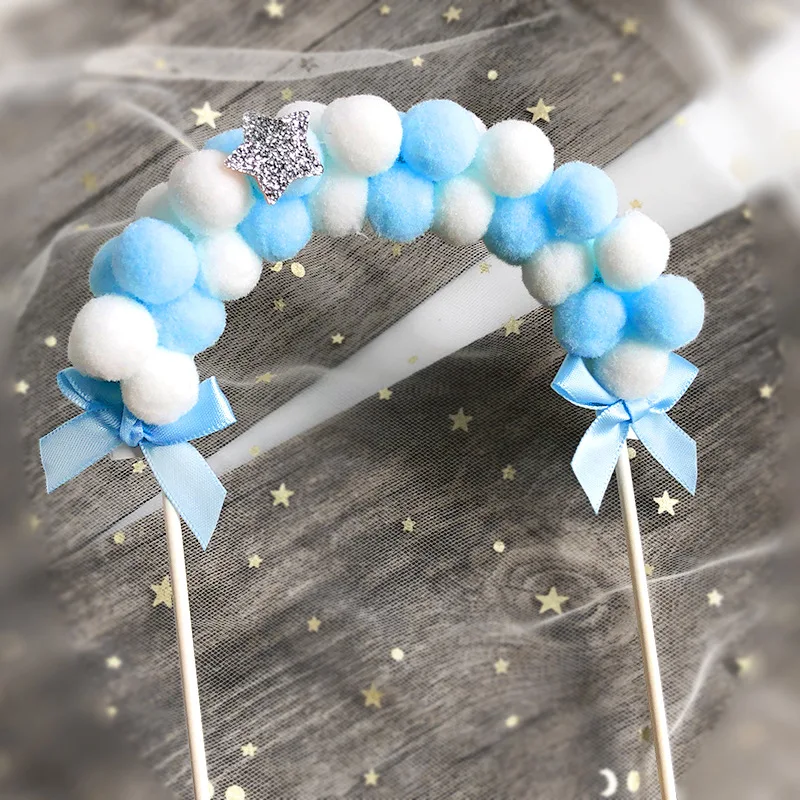 Cake Topper 1PC Pink Blue Soft Pompom Cloud Cake Topper Happy Birthday Party DIY Cake Top Flags Decoration for Festival New Year