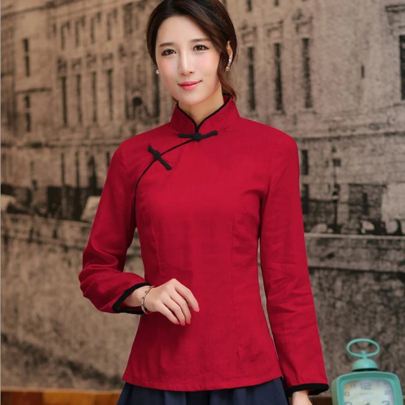 Женская рубашка с воротником «Мандарин», китайский традиционный Топ с длинным рукавом, Топ cheongsam, традиционная китайская льняная блузка - Цвет: Burgundy