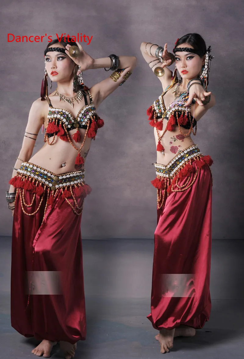 Women tribal skirt Sexy hand made tribal belly dance clothes woem lady tribal clothes bra belt trousers costumes male salsa dancer outfit